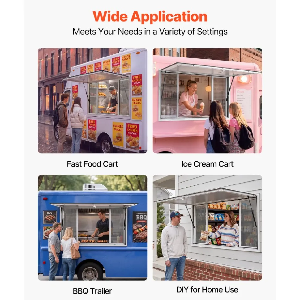 VEVOR Concession Window 45x30 in Aluminum Alloy Service Window, for Food Truck, Up to 85 Degrees Stand Serving with 4 Sliding Screen Windows, Awning Door and Drag Hook, Rainwater Resistant