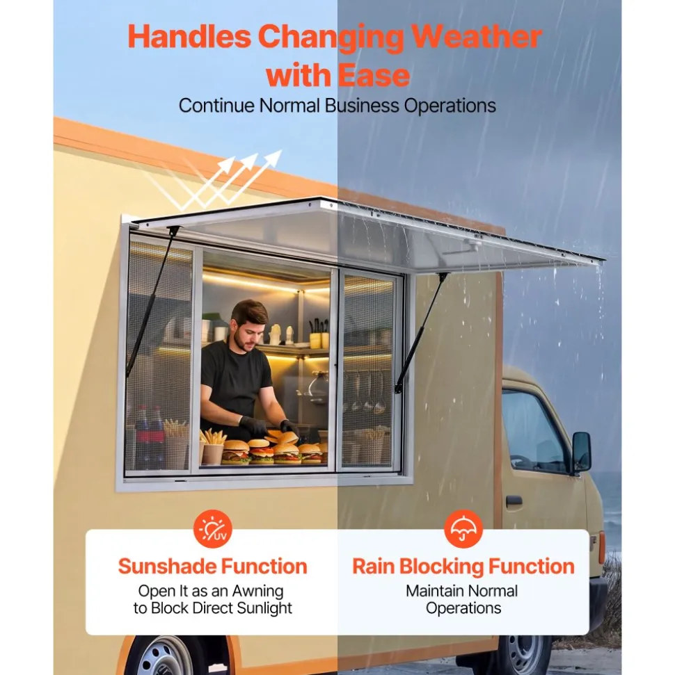 VEVOR Concession Window 45x30 in Aluminum Alloy Service Window, for Food Truck, Up to 85 Degrees Stand Serving with 4 Sliding Screen Windows, Awning Door and Drag Hook, Rainwater Resistant
