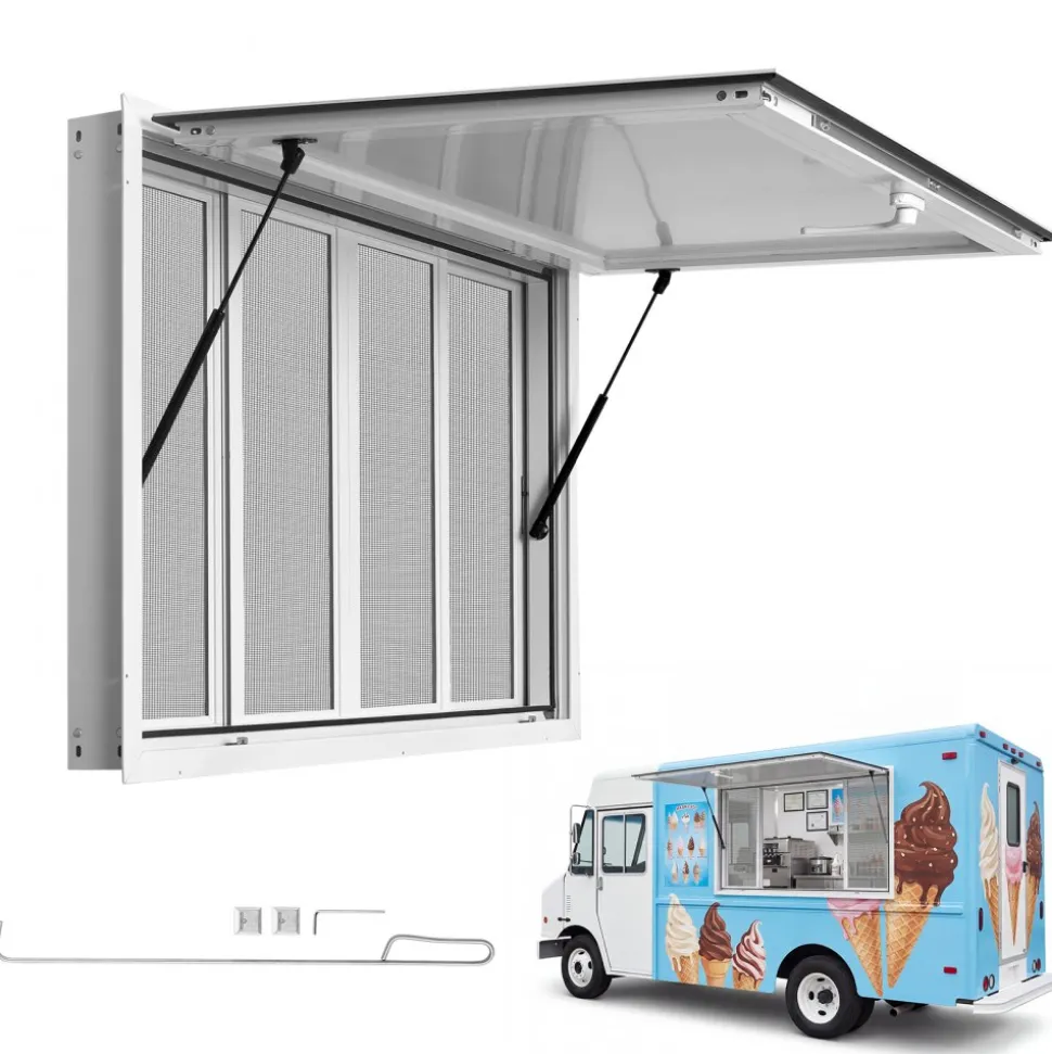VEVOR Concession Window 45x30 in Aluminum Alloy Service Window, for Food Truck, Up to 85 Degrees Stand Serving with 4 Sliding Screen Windows, Awning Door and Drag Hook, Rainwater Resistant