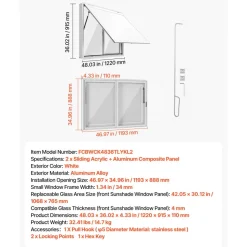 VEVOR Concession Window 48x36 in Aluminum Alloy Service Window, for Food Truck, Up to 85 Degrees Stand Serving with 2 Sliding Acrylic Windows, Awning Door and Drag Hook, Rainwater Resistant