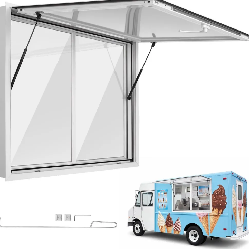 VEVOR Concession Window 48x36 in Aluminum Alloy Service Window, for Food Truck, Up to 85 Degrees Stand Serving with 2 Sliding Acrylic Windows, Awning Door and Drag Hook, Rainwater Resistant
