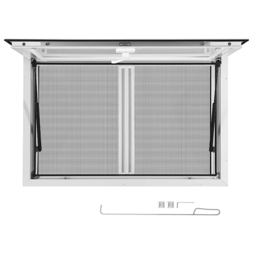 VEVOR Concession Window 36x24 in Aluminum Alloy & Acrylic Service Window, for Food Truck, Up to 85 Degrees Stand Serving with 2 Sliding Screen Windows, Awning Door and Drag Hook, Rainwater Resistant