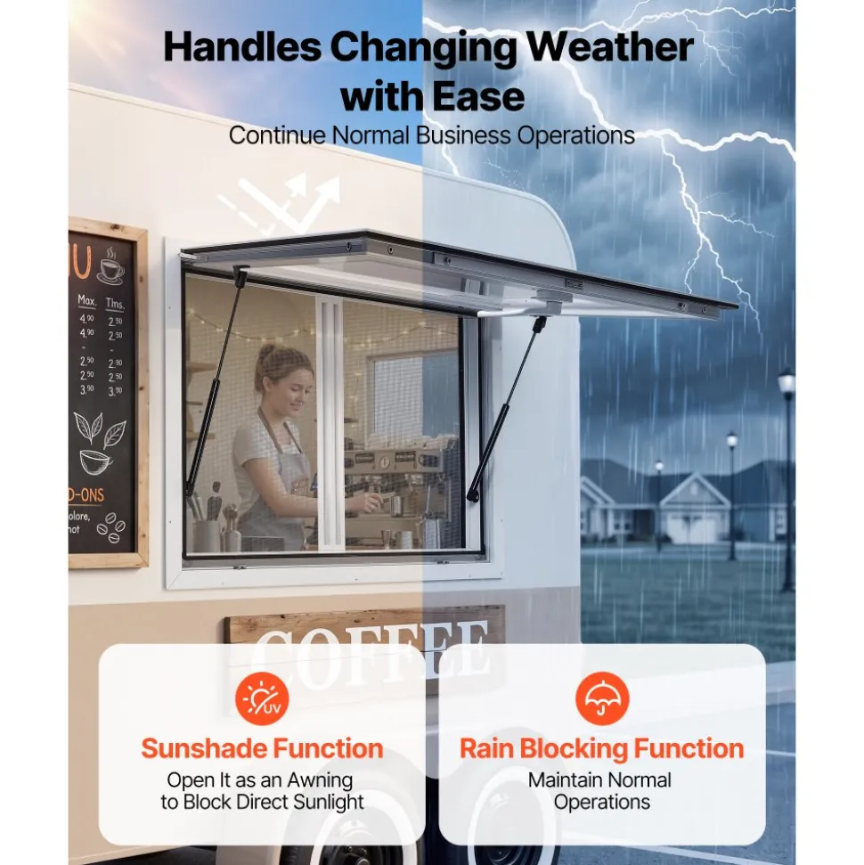 VEVOR Concession Window 36x24 in Aluminum Alloy & Acrylic Service Window, for Food Truck, Up to 85 Degrees Stand Serving with 2 Sliding Screen Windows, Awning Door and Drag Hook, Rainwater Resistant