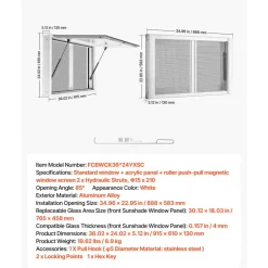 VEVOR Concession Window 36x24 in Aluminum Alloy & Acrylic Service Window, for Food Truck, Up to 85 Degrees Stand Serving with 2 Sliding Screen Windows, Awning Door and Drag Hook, Rainwater Resistant