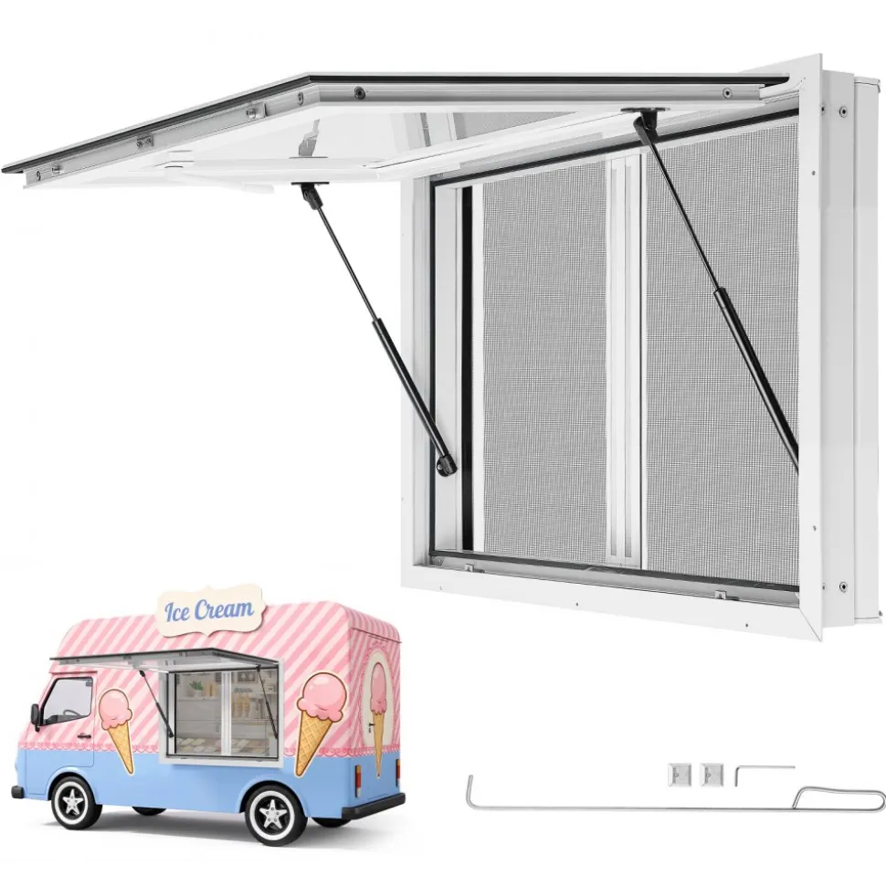 VEVOR Concession Window 36x24 in Aluminum Alloy & Acrylic Service Window, for Food Truck, Up to 85 Degrees Stand Serving with 2 Sliding Screen Windows, Awning Door and Drag Hook, Rainwater Resistant