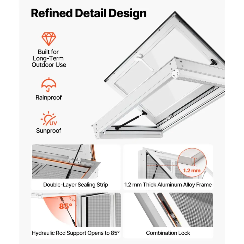 VEVOR Concession Window 36x24 in Aluminum Alloy & Acrylic Service Window, for Food Truck, Up to 85 Degrees Stand Serving with 2 Sliding Screen Windows, Awning Door and Drag Hook, Rainwater Resistant