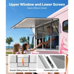 VEVOR Concession Window 64x40 in Aluminum Alloy Service Window, for Food Truck, Up to 85 Degrees Stand Serving with 3 Fixed & 3 Sliding Windows, Awning Door and Drag Hook, Rainwater Resistant
