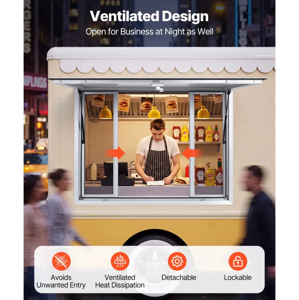 VEVOR Concession Window 48x36 in Aluminum Alloy Frame Service Window, for Food Truck, Up to 85 Degrees Stand Serving with 4 Sliding Screen Windows, Awning Door and Drag Hook, Rainwater Resistant