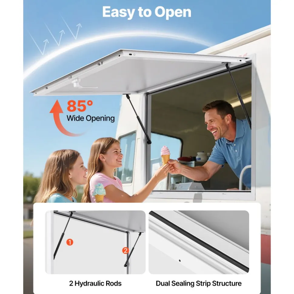 VEVOR Concession Window 53x33 in, Aluminum Alloy Frame Service Window for Food Truck, Up to 85 Degrees Stand Serving Window with Awning Door and Drag Hook, Rainwater Resistant for Concession Trailers