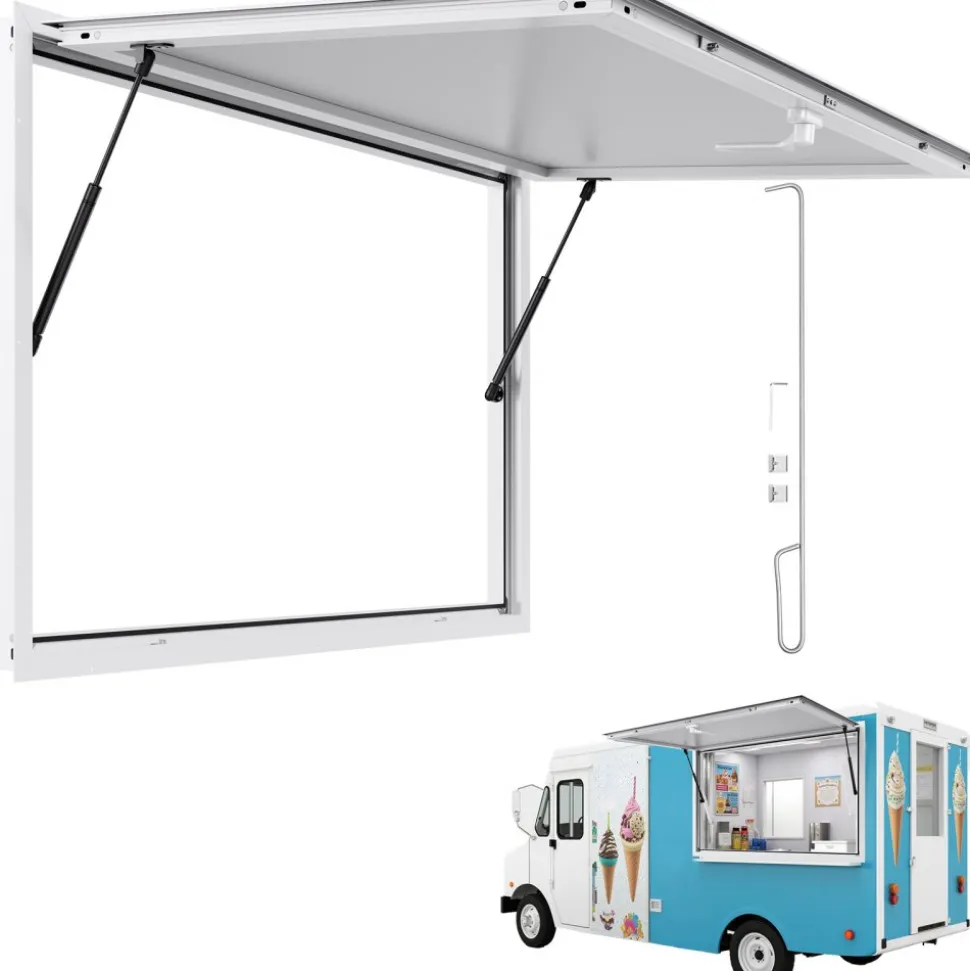 VEVOR Concession Window 53x33 in, Aluminum Alloy Frame Service Window for Food Truck, Up to 85 Degrees Stand Serving Window with Awning Door and Drag Hook, Rainwater Resistant for Concession Trailers