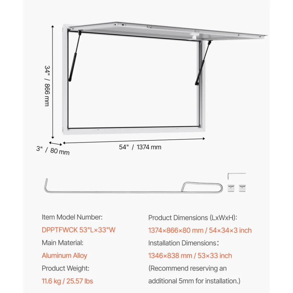 VEVOR Concession Window 53x33 in, Aluminum Alloy Frame Service Window for Food Truck, Up to 85 Degrees Stand Serving Window with Awning Door and Drag Hook, Rainwater Resistant for Concession Trailers
