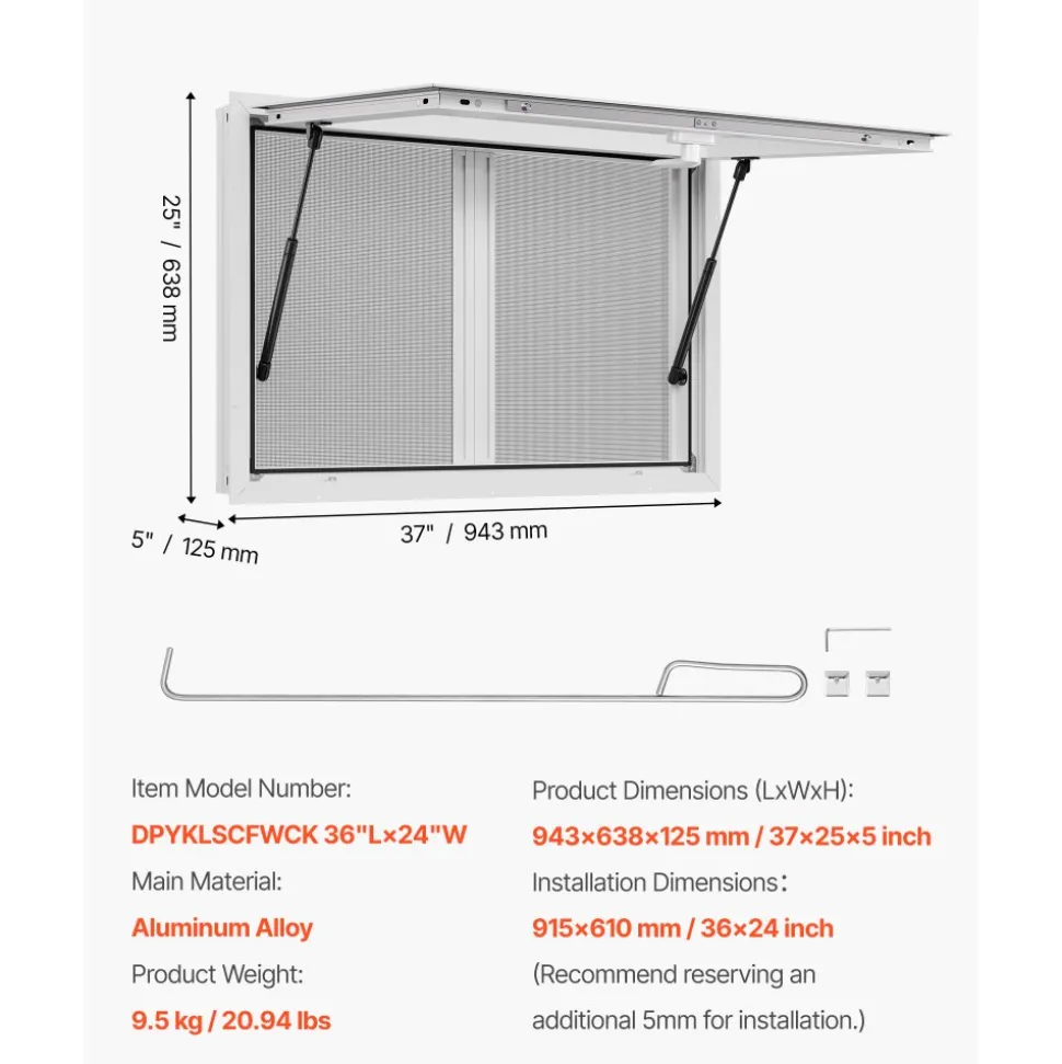 VEVOR Concession Window 36x24 in, Aluminum Alloy Service Window for Food Truck, Up to 85 Degrees Stand Serving Window with 2 Sliding Windows, Awning Door, and Drag Hook, for Concession Trailers