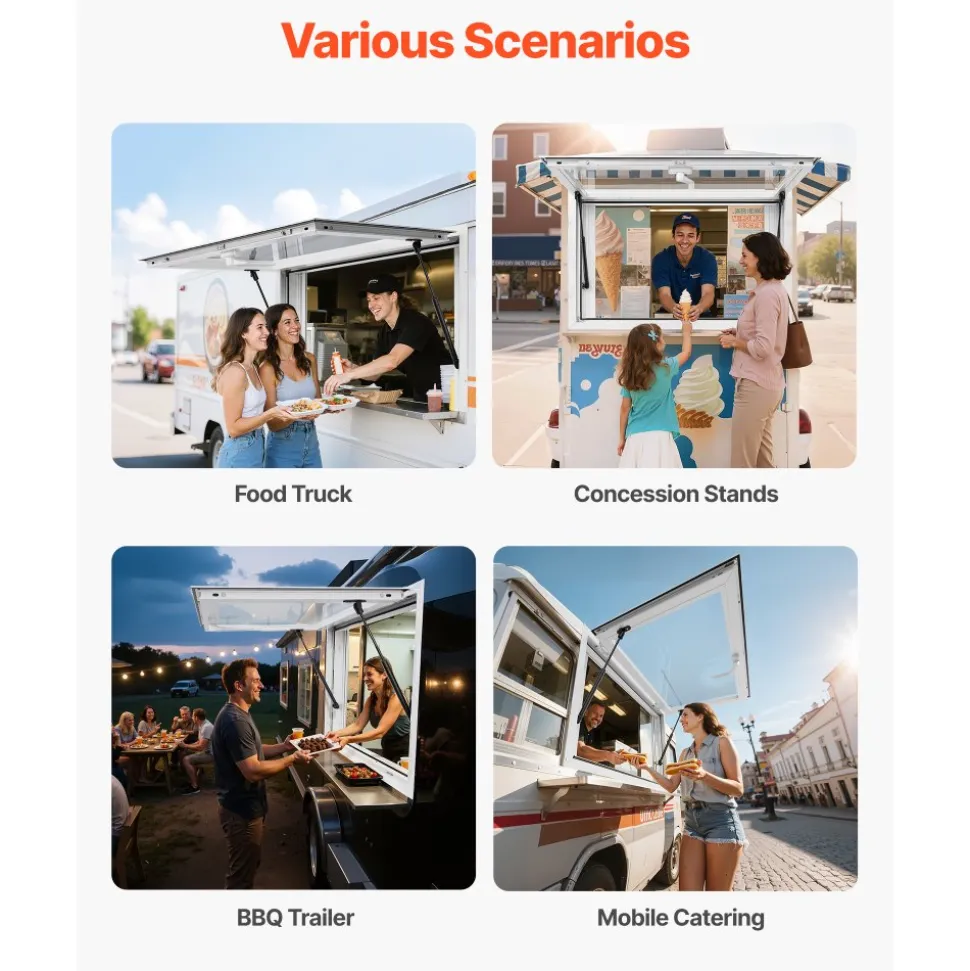 VEVOR Concession Window 36x24 in, Aluminum Alloy Service Window for Food Truck, Up to 85 Degrees Stand Serving Window with 2 Sliding Windows, Awning Door, and Drag Hook, for Concession Trailers