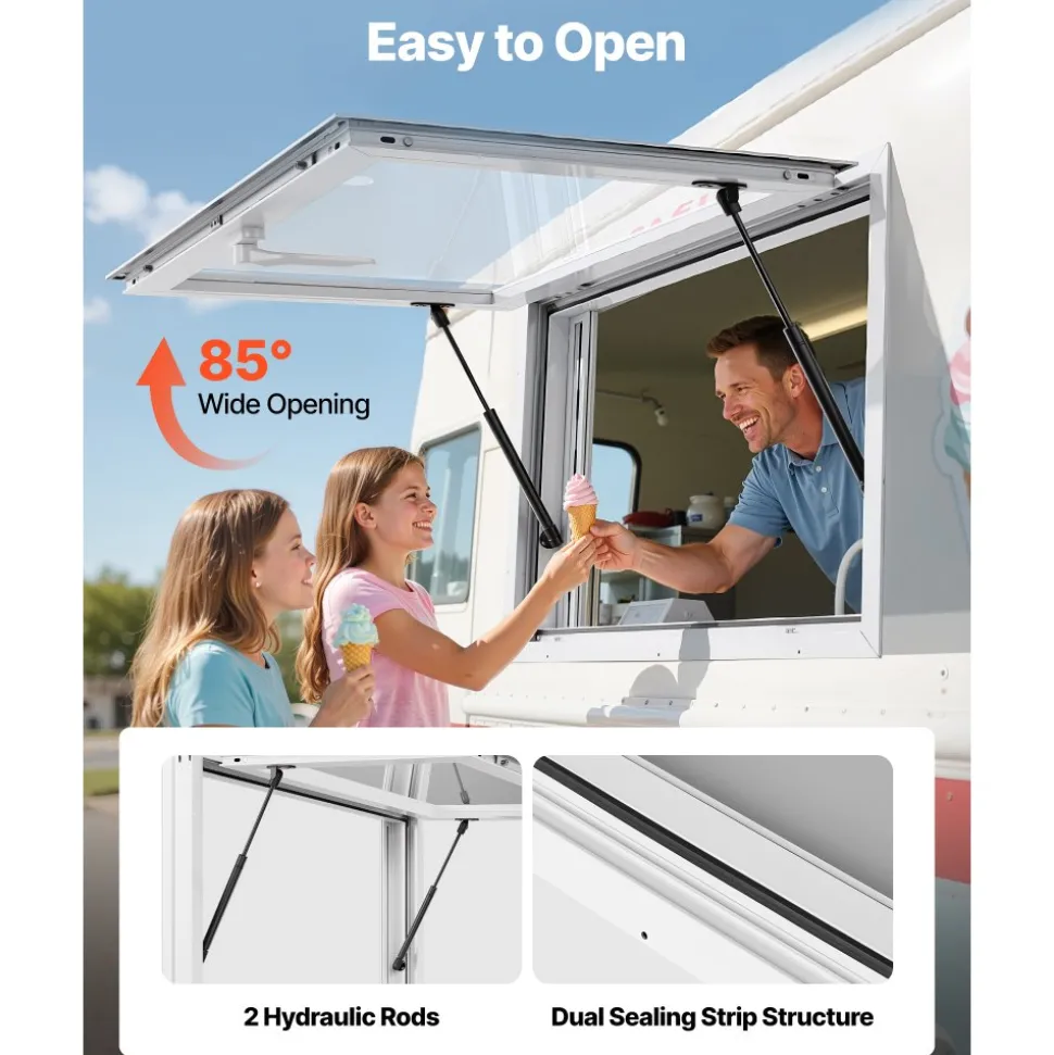 VEVOR Concession Window 36x24 in, Aluminum Alloy Service Window for Food Truck, Up to 85 Degrees Stand Serving Window with 2 Sliding Windows, Awning Door, and Drag Hook, for Concession Trailers