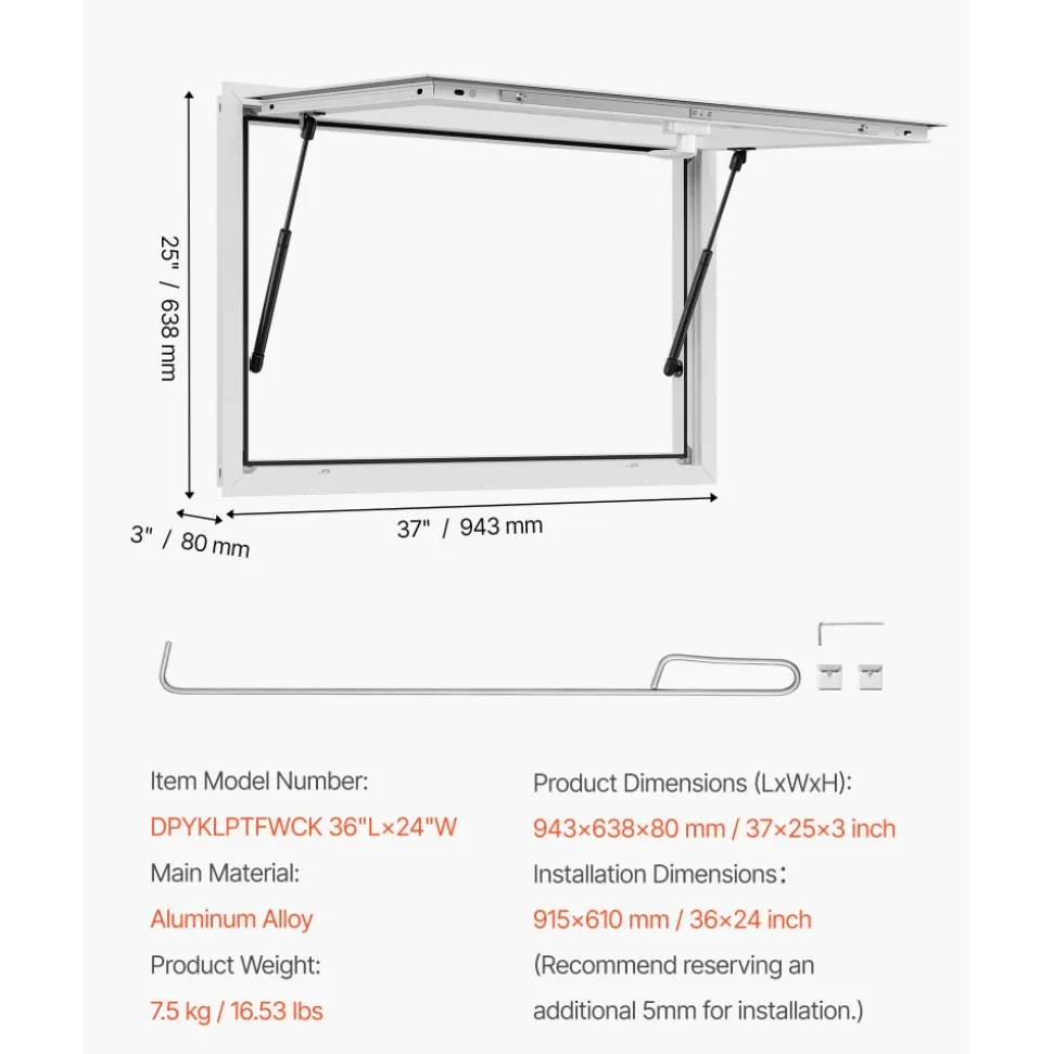 VEVOR Concession Window 36x24 in, Aluminum Alloy Frame Service Window for Food Truck, Up to 85 Degrees Stand Serving Window with Awning Door and Drag Hook, Rainwater Resistant for Concession Trailers