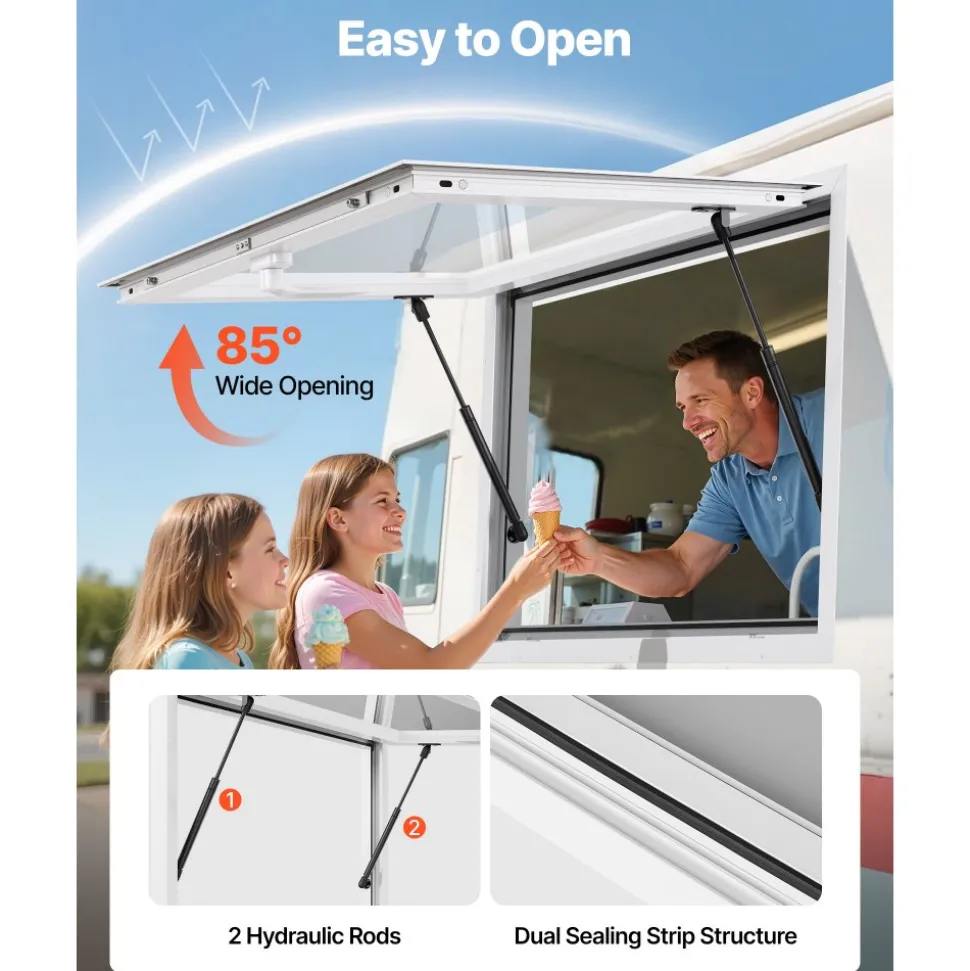 VEVOR Concession Window 36x24 in, Aluminum Alloy Frame Service Window for Food Truck, Up to 85 Degrees Stand Serving Window with Awning Door and Drag Hook, Rainwater Resistant for Concession Trailers