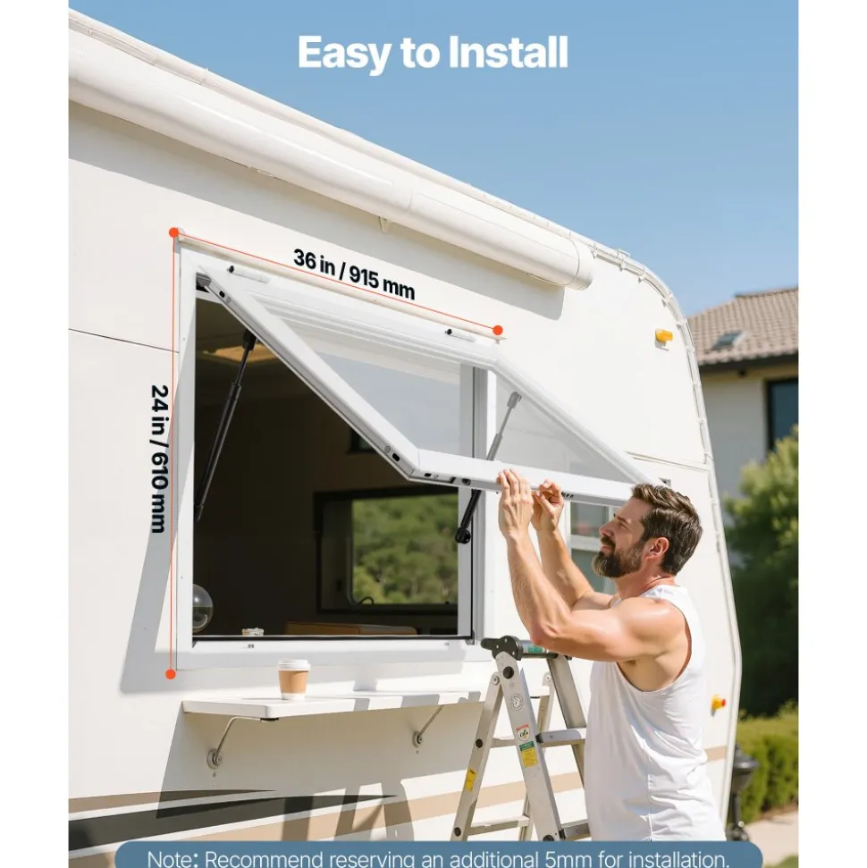 VEVOR Concession Window 36x24 in, Aluminum Alloy Frame Service Window for Food Truck, Up to 85 Degrees Stand Serving Window with Awning Door and Drag Hook, Rainwater Resistant for Concession Trailers