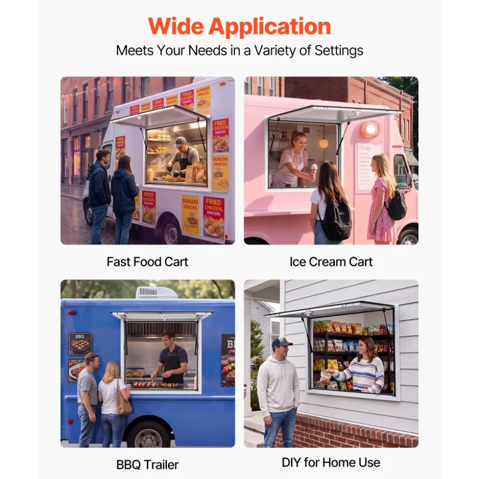 VEVOR Concession Window 36x36 in Aluminum Alloy Frame Service Window, for Food Truck, Up to 85 Degrees Stand Serving with Awning Door and Drag Hook, Rainwater Resistant for Concession Trailer
