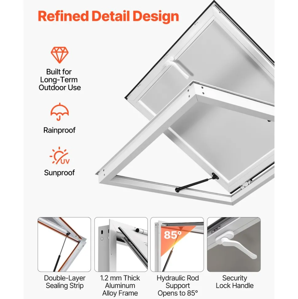 VEVOR Concession Window 36x36 in Aluminum Alloy Frame Service Window, for Food Truck, Up to 85 Degrees Stand Serving with Awning Door and Drag Hook, Rainwater Resistant for Concession Trailer