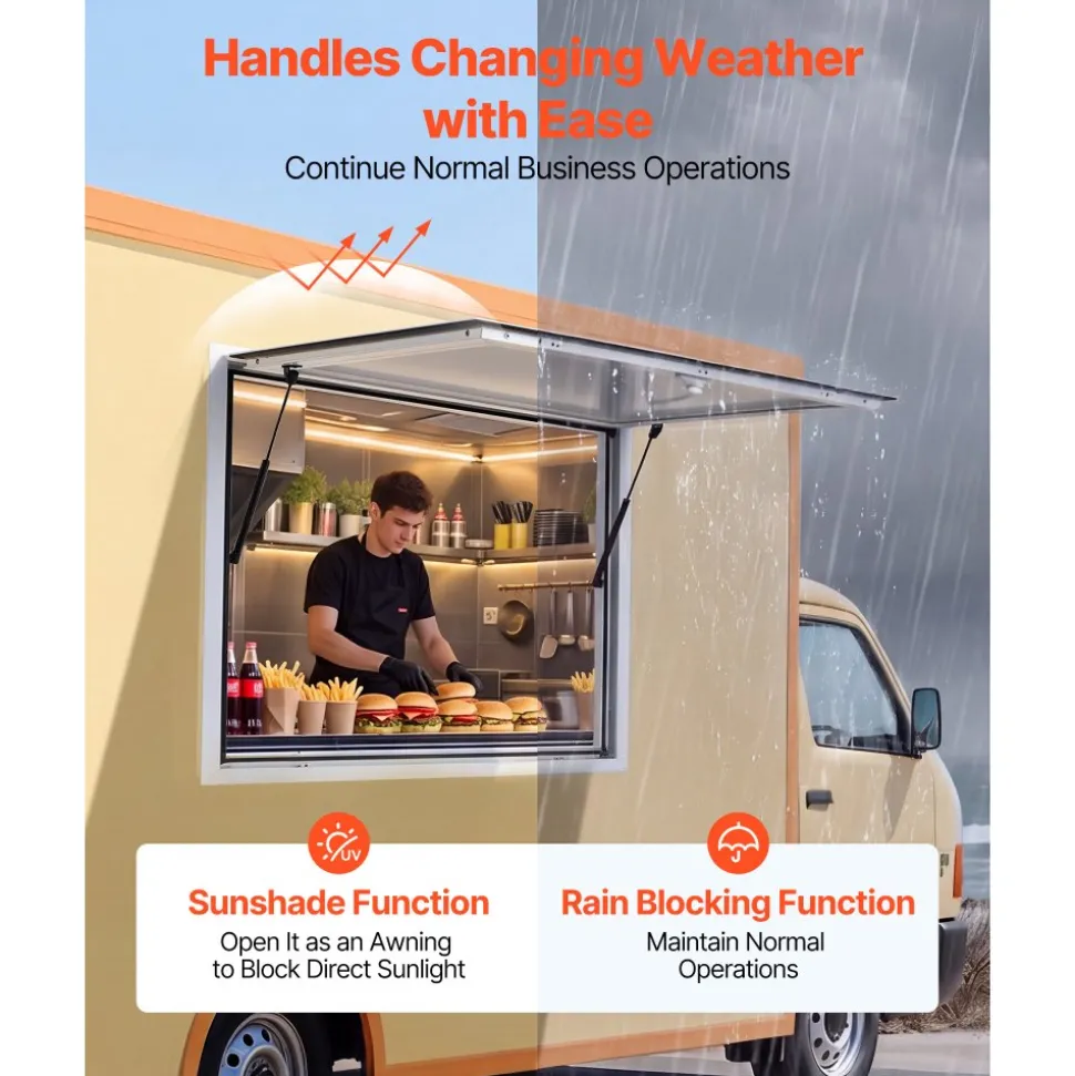 VEVOR Concession Window 36x36 in Aluminum Alloy Frame Service Window, for Food Truck, Up to 85 Degrees Stand Serving with Awning Door and Drag Hook, Rainwater Resistant for Concession Trailer