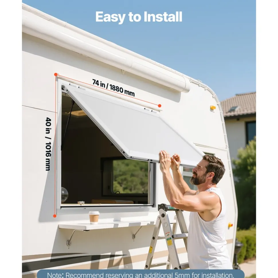 VEVOR Concession Window 74x40 in, Aluminum Alloy Frame Service Window for Food Truck, Up to 85 Degrees Stand Serving Window with Awning Door and Drag Hook, Rainwater Resistant for Concession Trailers