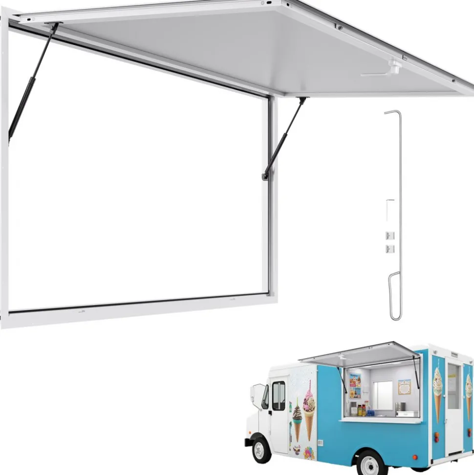VEVOR Concession Window 74x40 in, Aluminum Alloy Frame Service Window for Food Truck, Up to 85 Degrees Stand Serving Window with Awning Door and Drag Hook, Rainwater Resistant for Concession Trailers