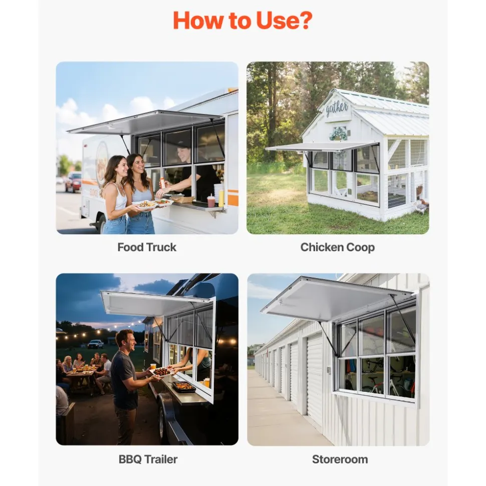 VEVOR Concession Window 60x36 in, Aluminum Alloy Service Window for Food Truck, Up to 85 Degrees Stand Serving Window with 3 Sliding Windows, Awning Door, and Drag Hook, for Concession Trailers