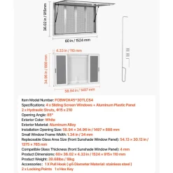 VEVOR Concession Window 60x36 in Aluminum Alloy Frame Service Window, for Food Truck, Up to 85 Degrees Stand Serving with 4 Sliding Screen Windows, Awning Door and Drag Hook, Rainwater Resistant