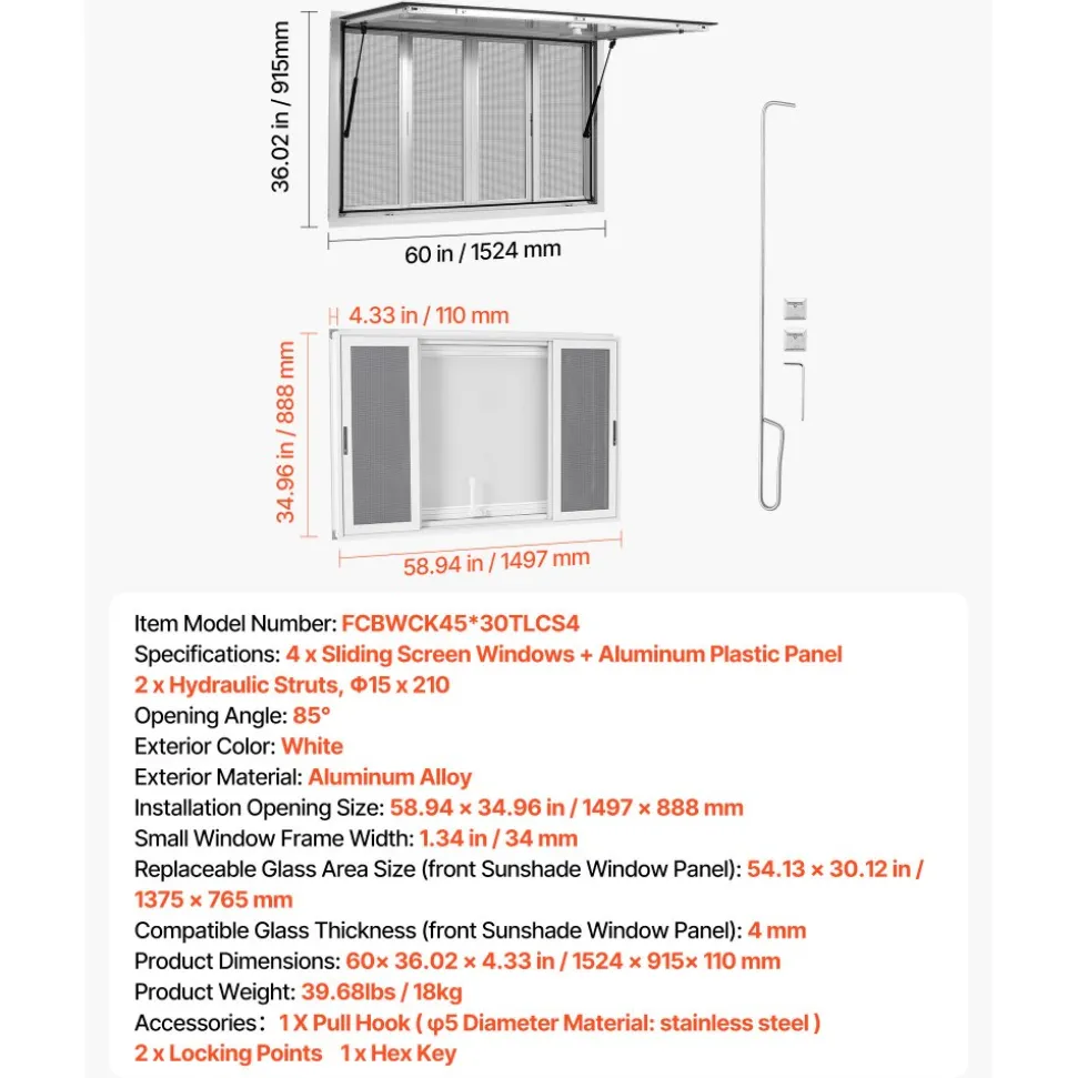 VEVOR Concession Window 60x36 in Aluminum Alloy Frame Service Window, for Food Truck, Up to 85 Degrees Stand Serving with 4 Sliding Screen Windows, Awning Door and Drag Hook, Rainwater Resistant
