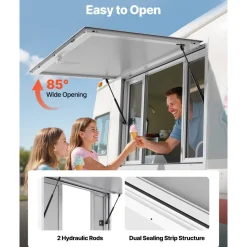 VEVOR Concession Window 53x33 in, Aluminum Alloy Service Window for Food Truck, Up to 85 Degrees Stand Serving Window with 4 Sliding Windows, Awning Door, and Drag Hook, for Concession Trailers