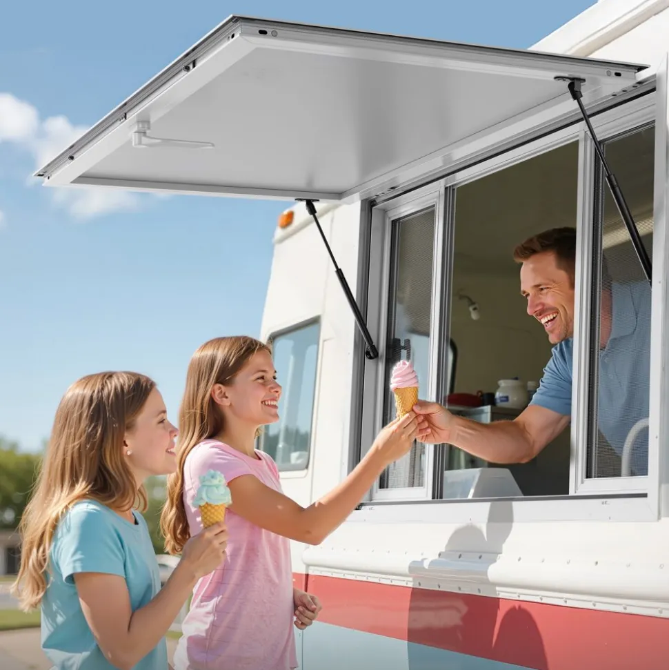 VEVOR Concession Window 53x33 in, Aluminum Alloy Service Window for Food Truck, Up to 85 Degrees Stand Serving Window with 4 Sliding Windows, Awning Door, and Drag Hook, for Concession Trailers