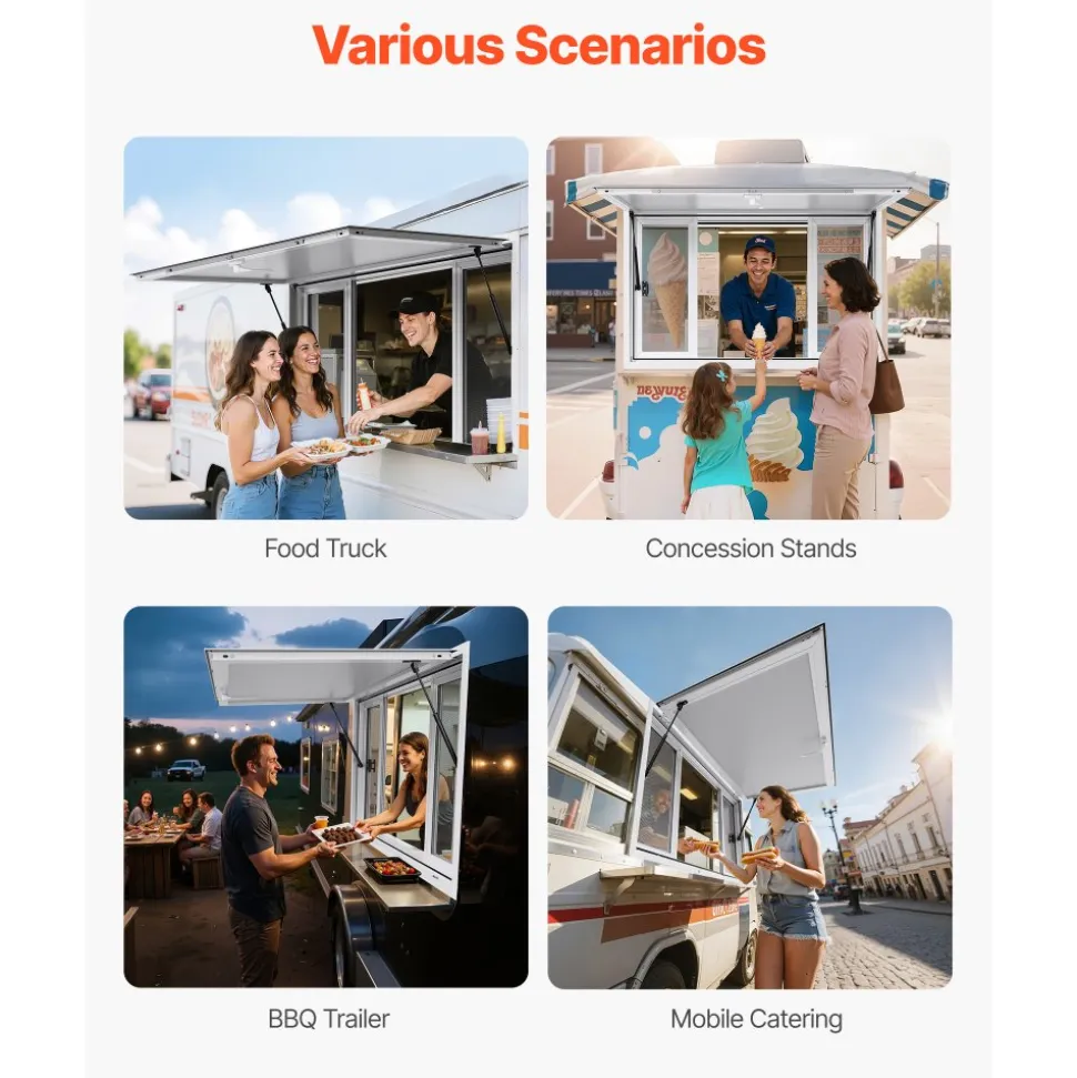 VEVOR Concession Window 53x33 in, Aluminum Alloy Service Window for Food Truck, Up to 85 Degrees Stand Serving Window with 4 Sliding Windows, Awning Door, and Drag Hook, for Concession Trailers