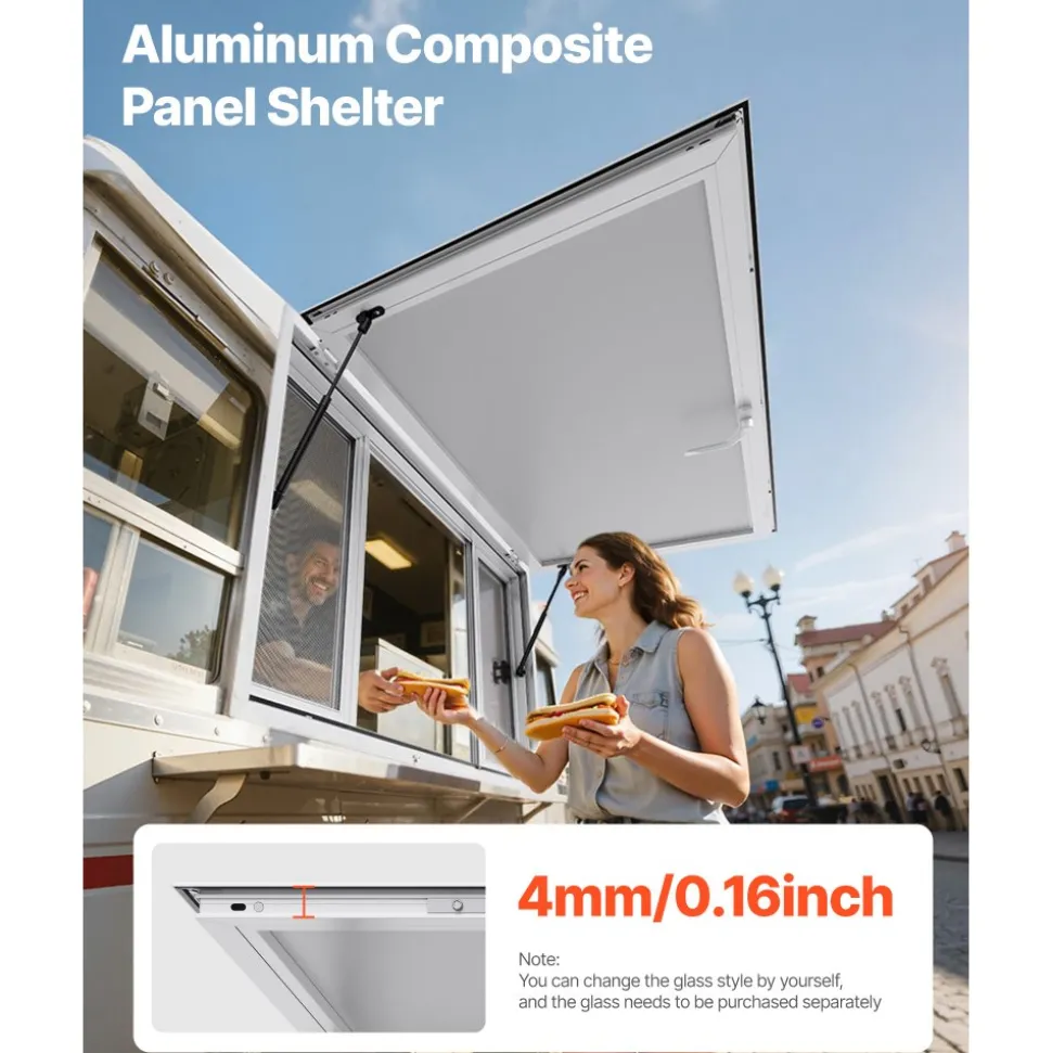 VEVOR Concession Window 53x33 in, Aluminum Alloy Service Window for Food Truck, Up to 85 Degrees Stand Serving Window with 4 Sliding Windows, Awning Door, and Drag Hook, for Concession Trailers
