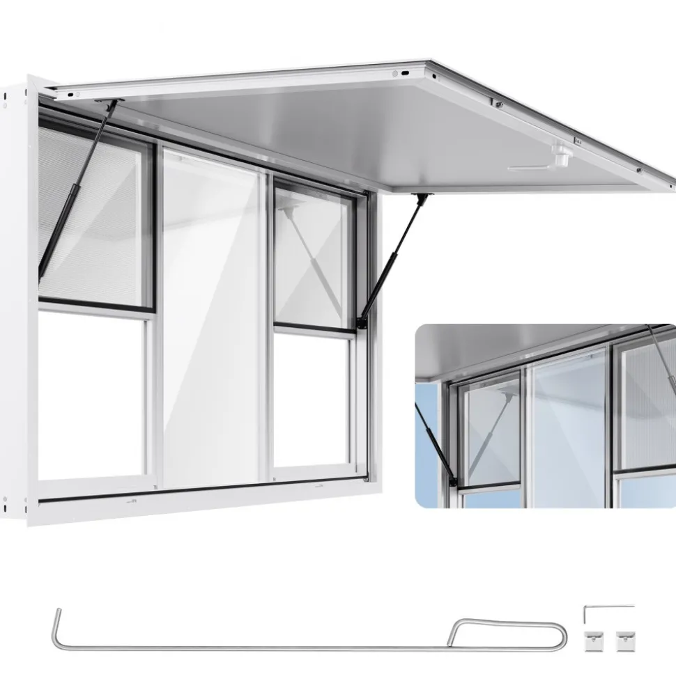 VEVOR Concession Window 60x36 in, Aluminum Alloy Service Window for Food Truck, Up to 85 Degrees Stand Serving Window with 6 Sliding Windows, Awning Door, and Drag Hook, for Concession Trailers