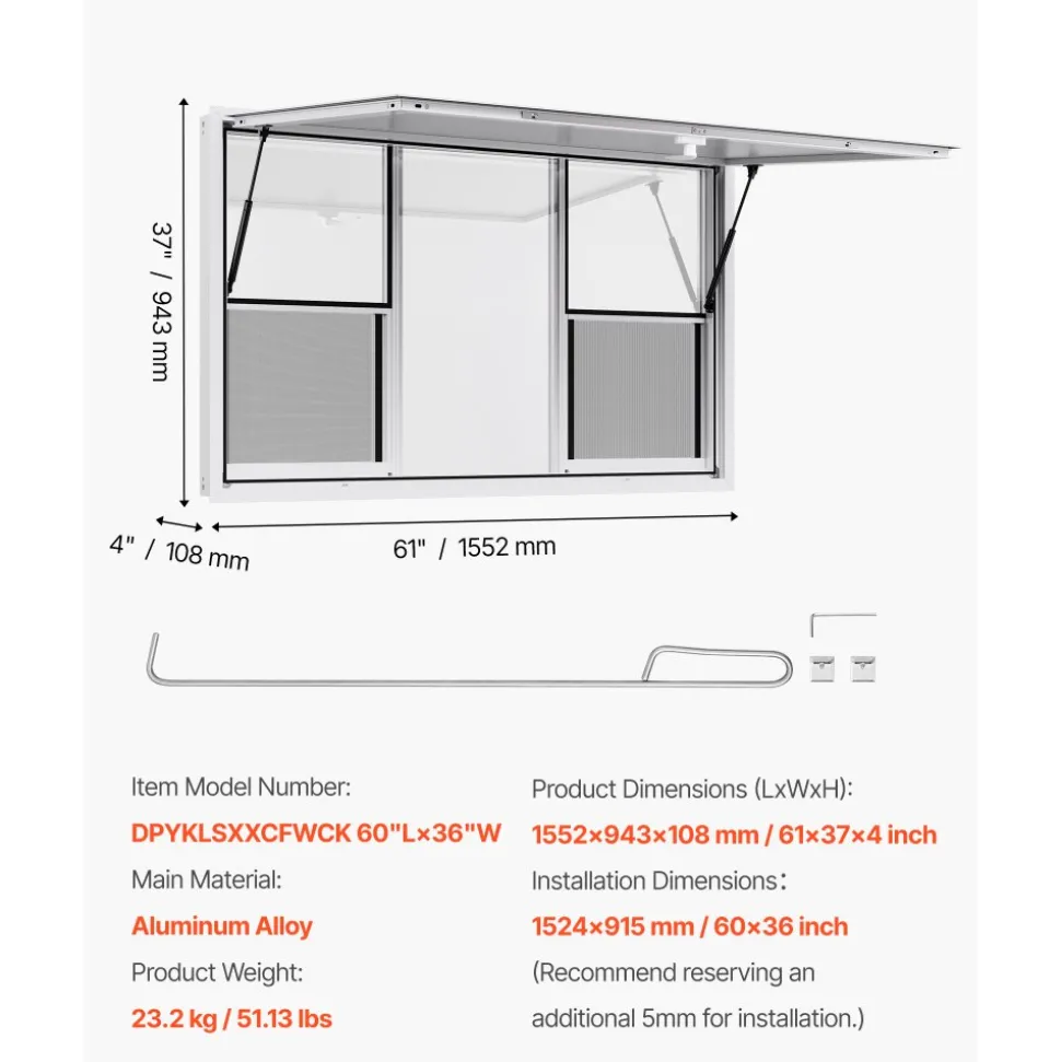 VEVOR Concession Window 60x36 in, Aluminum Alloy Service Window for Food Truck, Up to 85 Degrees Stand Serving Window with 6 Sliding Windows, Awning Door, and Drag Hook, for Concession Trailers