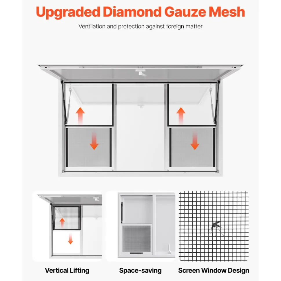 VEVOR Concession Window 60x36 in, Aluminum Alloy Service Window for Food Truck, Up to 85 Degrees Stand Serving Window with 6 Sliding Windows, Awning Door, and Drag Hook, for Concession Trailers