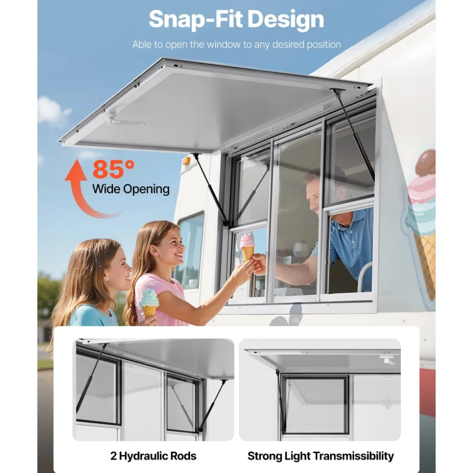 VEVOR Concession Window 60x36 in, Aluminum Alloy Service Window for Food Truck, Up to 85 Degrees Stand Serving Window with 6 Sliding Windows, Awning Door, and Drag Hook, for Concession Trailers