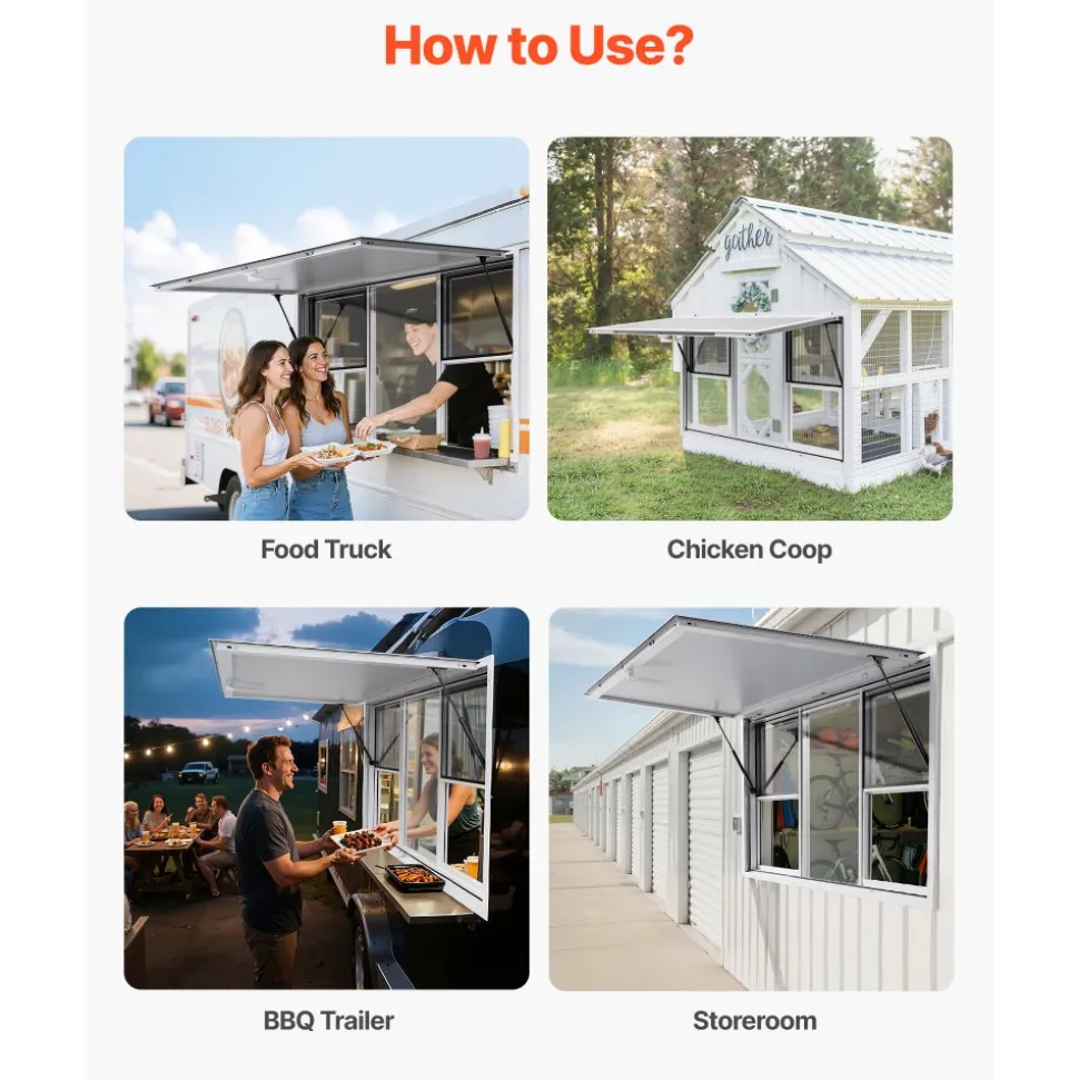 VEVOR Concession Window 60x36 in, Aluminum Alloy Service Window for Food Truck, Up to 85 Degrees Stand Serving Window with 6 Sliding Windows, Awning Door, and Drag Hook, for Concession Trailers