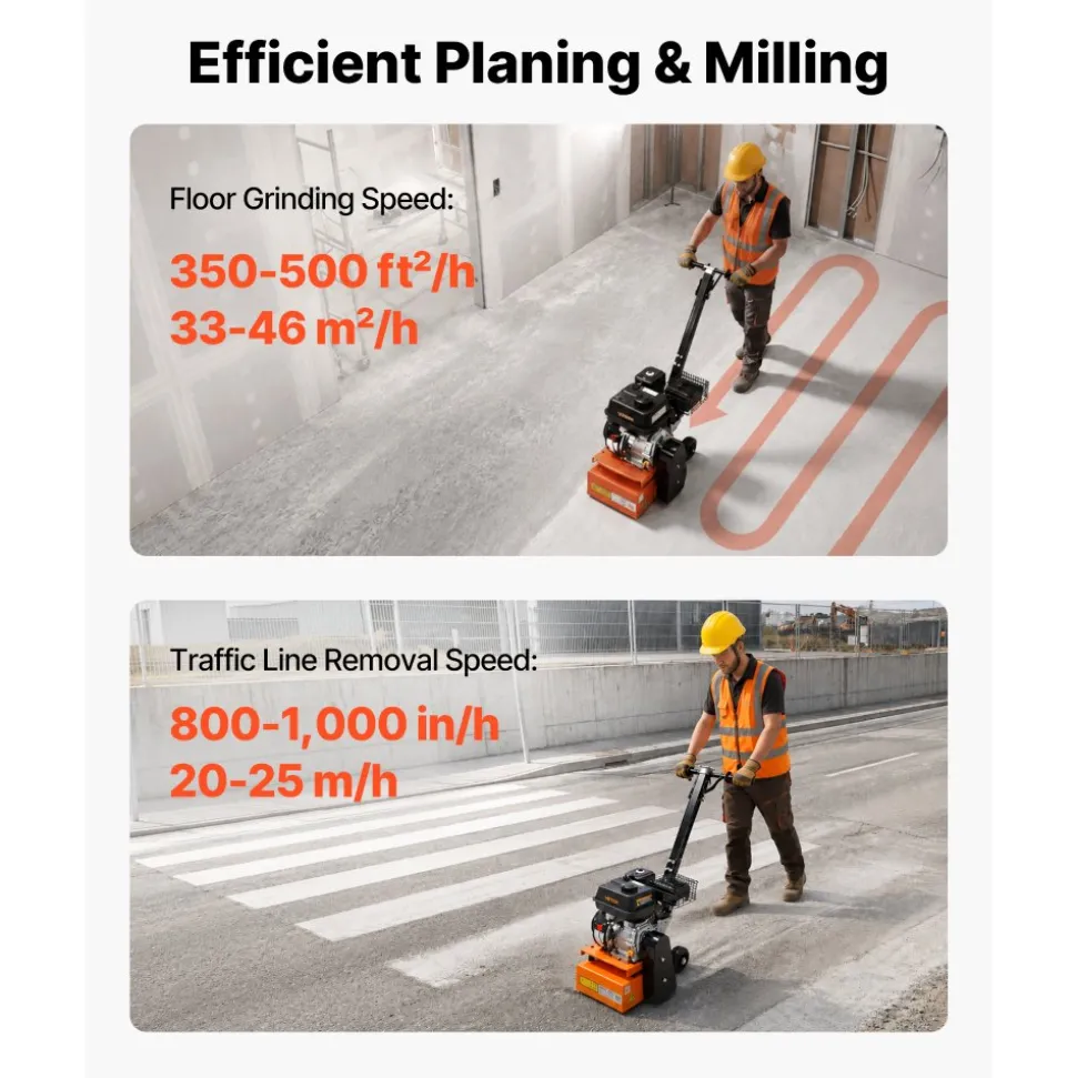 VEVOR Concrete Scarifier, 3700W 2500 RPM Walk-Behind Floor Planer Grinder, Carbide Cutters, 1/8 in Adjustable Depth, Vacuum Port for Surface Preparation, Traffic Line Removal, Pavement, Floor Repair