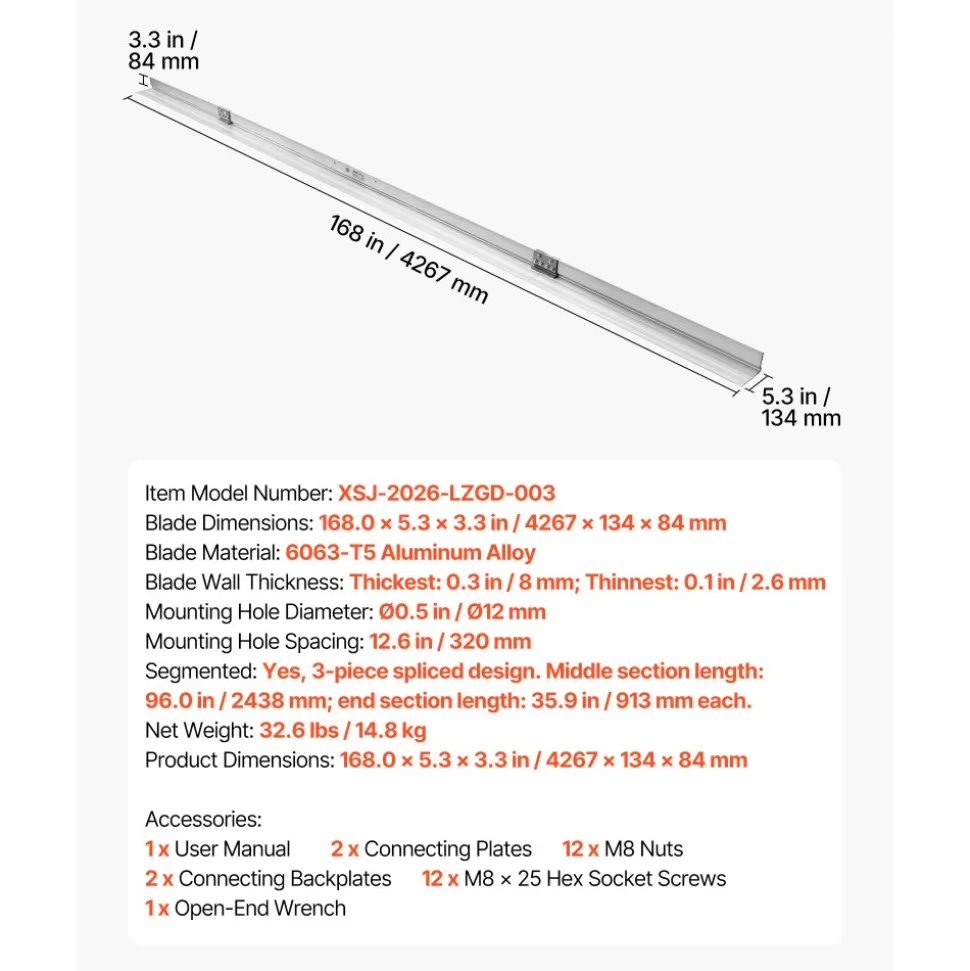 VEVOR Concrete Screed Blade 14 ft Length Aluminum Alloy Board Leveling Tool, 5.3 in Wide Straight Edge, Wide Coverage, Replacement Surface Leveler for Driveway, Patio, Sidewalk, Garage Floor Finishing
