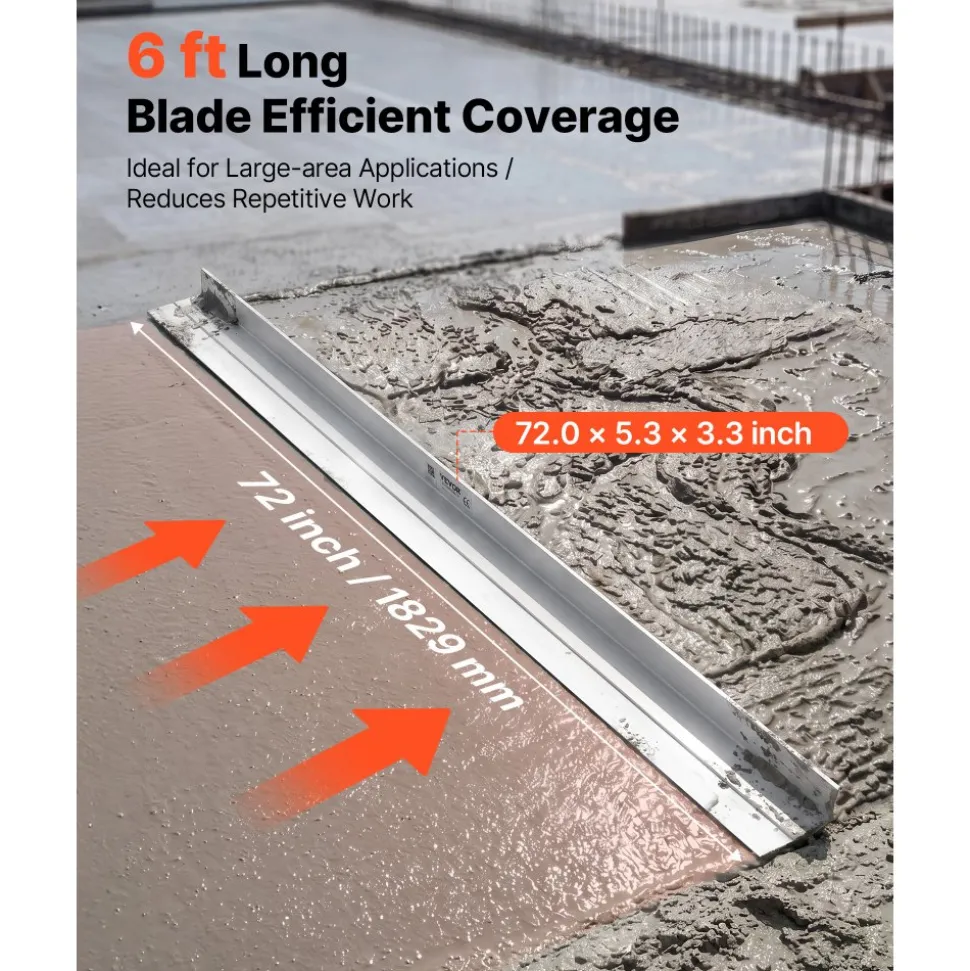 VEVOR Concrete Screed Blade 6 ft Length Aluminum Alloy Board Leveling Tool, 5.3 in Wide Straight Edge, Wide Coverage, Replacement Surface Leveler for Driveway, Patio, Sidewalk, Garage Floor Finishing