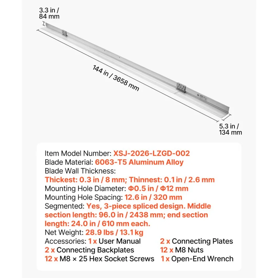 VEVOR Concrete Screed Blade 12 ft Length Aluminum Alloy Board Leveling Tool, 5.3 in Wide Straight Edge, Wide Coverage, Replacement Surface Leveler for Driveway, Patio, Sidewalk, Garage Floor Finishing