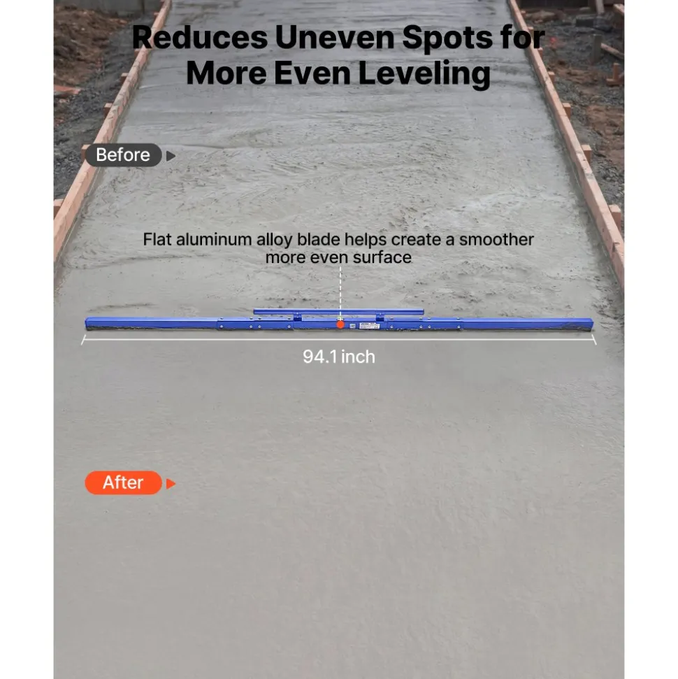 VEVOR Concrete Screed 96 in Length Manual Screed Board Aluminum Alloy Blue, Built-in Bubble Level, Powder-coated Finish, Lightweight Paver Leveling Tool for Patio, Sidewalk, Garage Floor Finishing