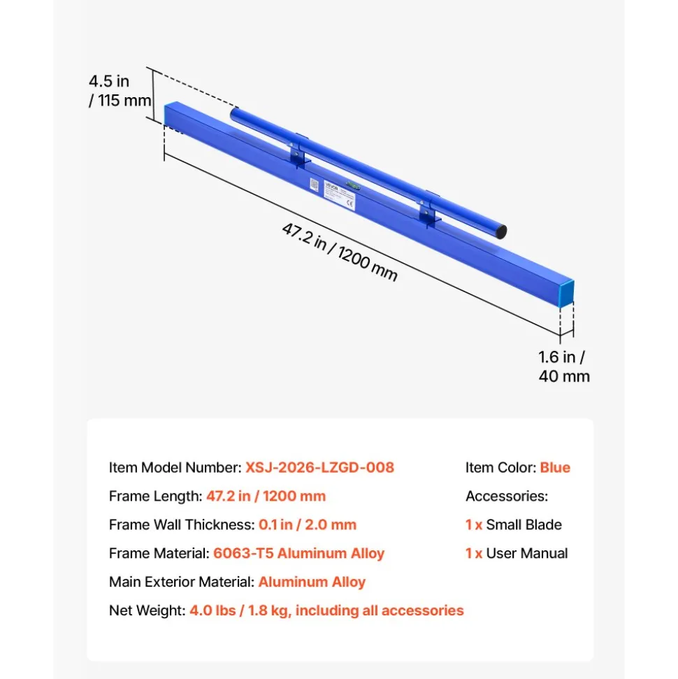 VEVOR Concrete Screed 48 in Length Manual Screed Board Aluminum Alloy Blue, Built-in Bubble Level, Powder-coated Finish, Lightweight Paver Leveling Tool for Patio, Sidewalk, Garage Floor Finishing
