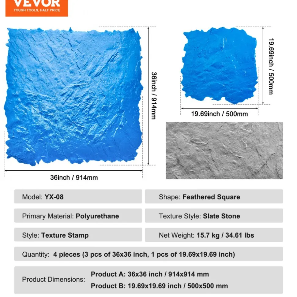 VEVOR Concrete Stamps Mat, 36 x 36 in & 18 x 18 in, 4 pcs Concrete Texturing Skin Polyurethane Stamp Stone Tile Texture Mat, Slate floor Imprint Seamless Stamp Concrete Molds for Outdoor Decorative