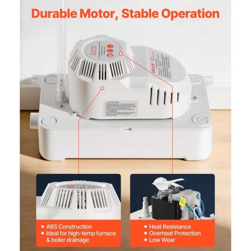 VEVOR Condensate Pump, 1/12 HP, 90 GPH, 20 ft Lift, 115V Automatic AC Condensation Removal Pump with Safety Switch 20 ft Tubing, for Air Conditioner, Dehumidifier, HVAC, Furnace, Ice Maker Water Drain