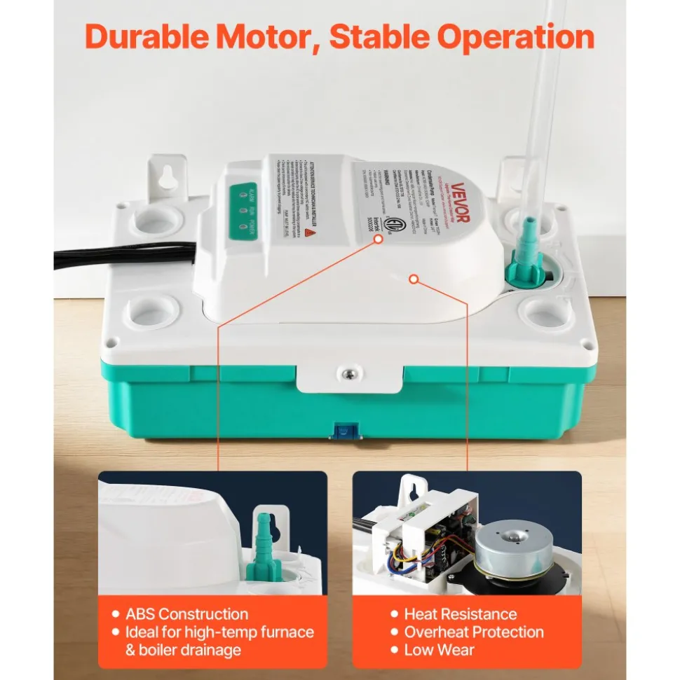 VEVOR Condensate Pump, 1/24 HP, 110 GPH, 24 ft Lift, 100-240V Automatic AC Condensation Removal Pump with Safety Switch & 20 ft Tubing, for Air Conditioner, Dehumidifier, HVAC, Furnace, Ice Maker