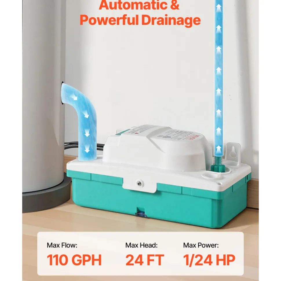VEVOR Condensate Pump, 1/24 HP, 110 GPH, 24 ft Lift, 100-240V Automatic AC Condensation Removal Pump with Safety Switch & 20 ft Tubing, for Air Conditioner, Dehumidifier, HVAC, Furnace, Ice Maker