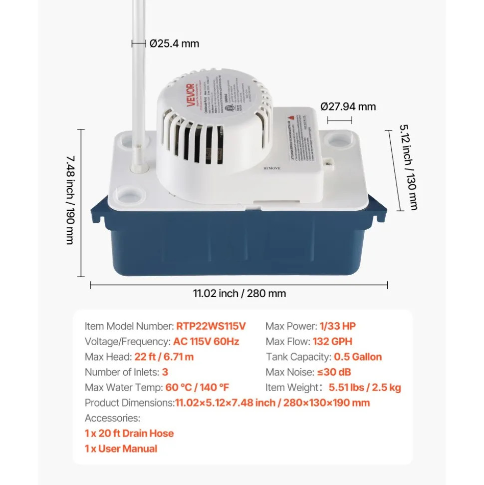VEVOR Condensate Pump, 1/33 HP, 100 GPH, 22 ft Lift, 115V Automatic Condensation Removal Pump with Safety Switch & 20 ft Tubing, for Air Conditioner, Dehumidifier, HVAC, Furnace, Ice Maker Water Drain