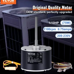 VEVOR Condenser Fan Motor 5KCP39BGS069S, 5KCP39BGY915S, 1/10 HP 208-230V, 1100RPM, OEM Standard Upgraded Replacement Condenser Motor Reversible Rotating, Explosion-proof CBB65 5μF/370V Capacitor